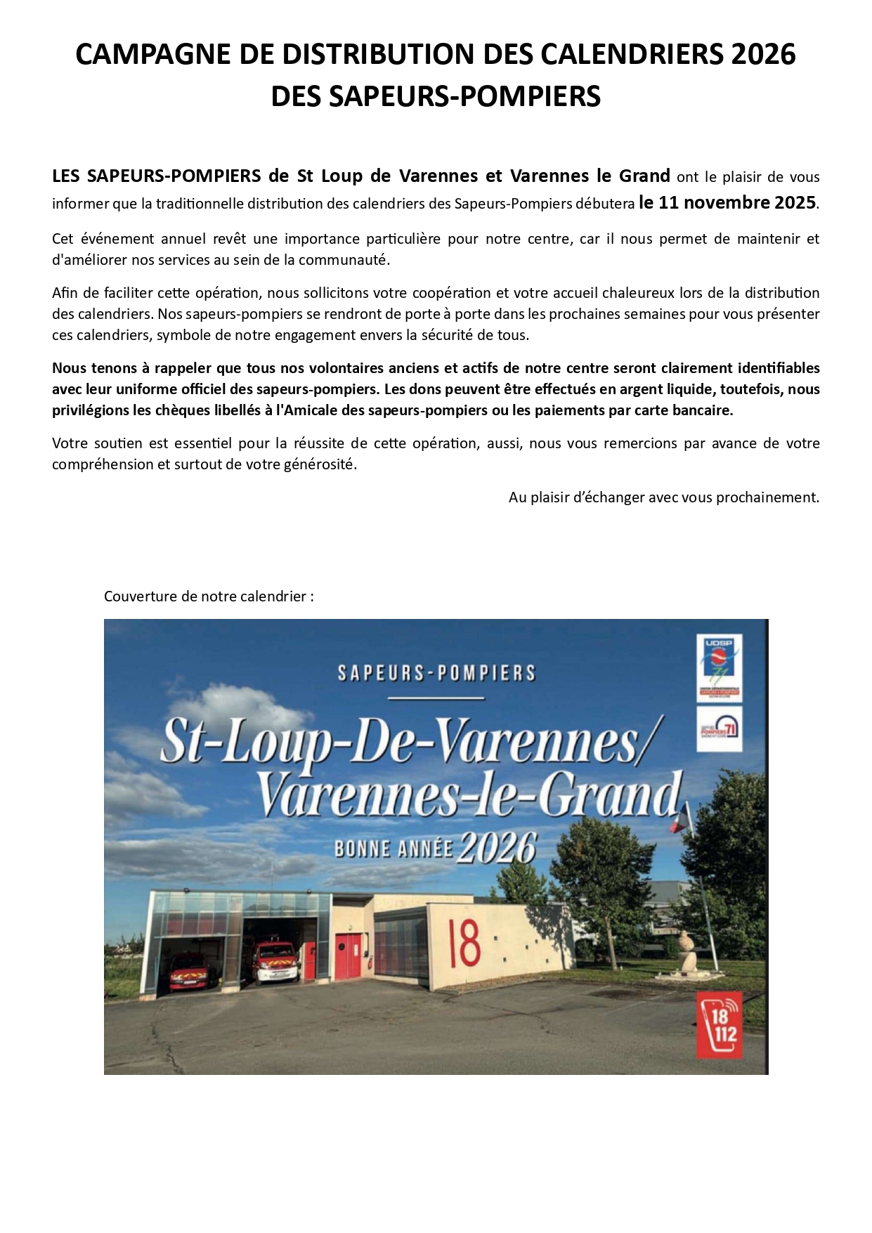 Calendrier des Pompiers 2026