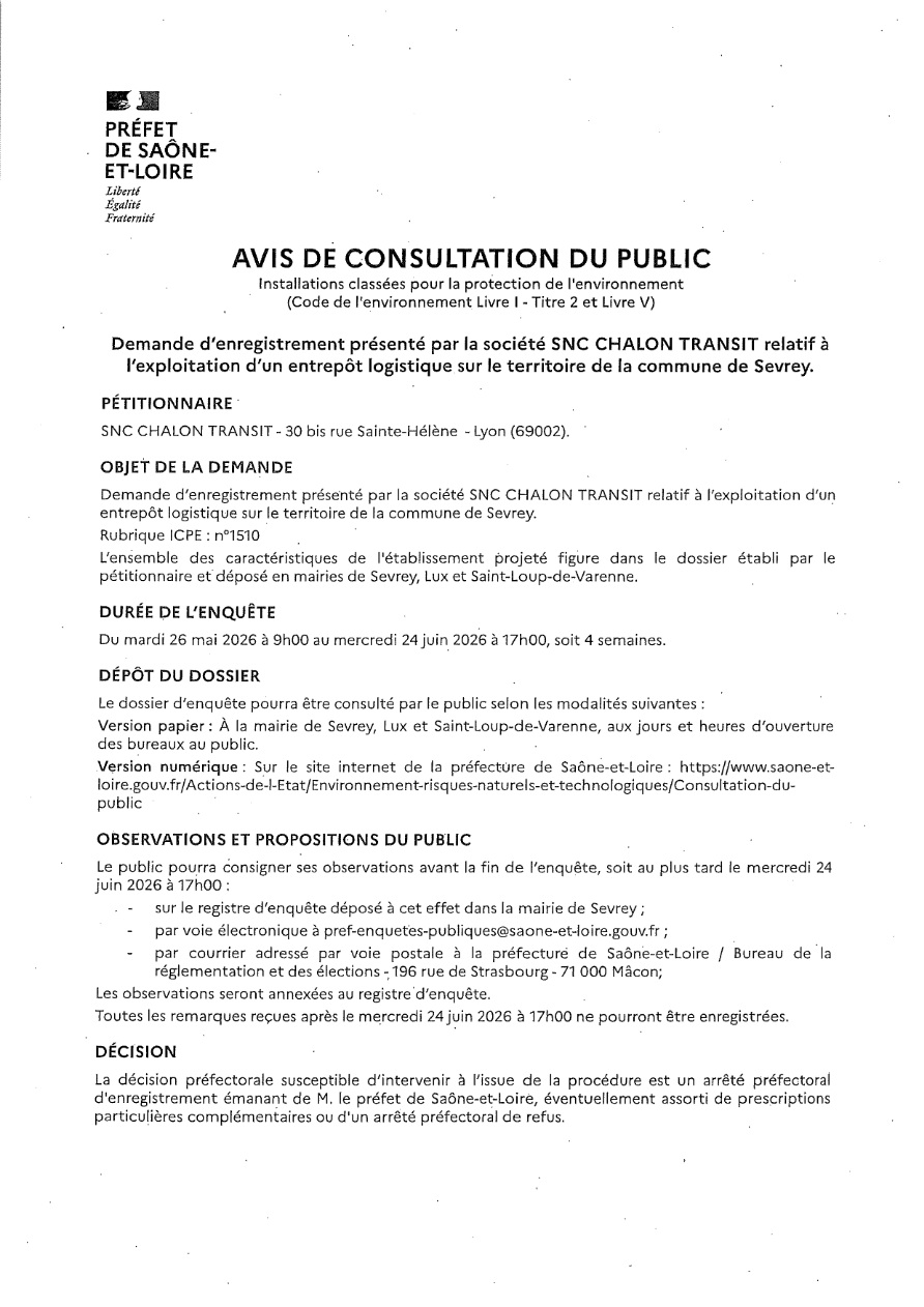 AVIS DE CONSULTATION DU PUBLIC