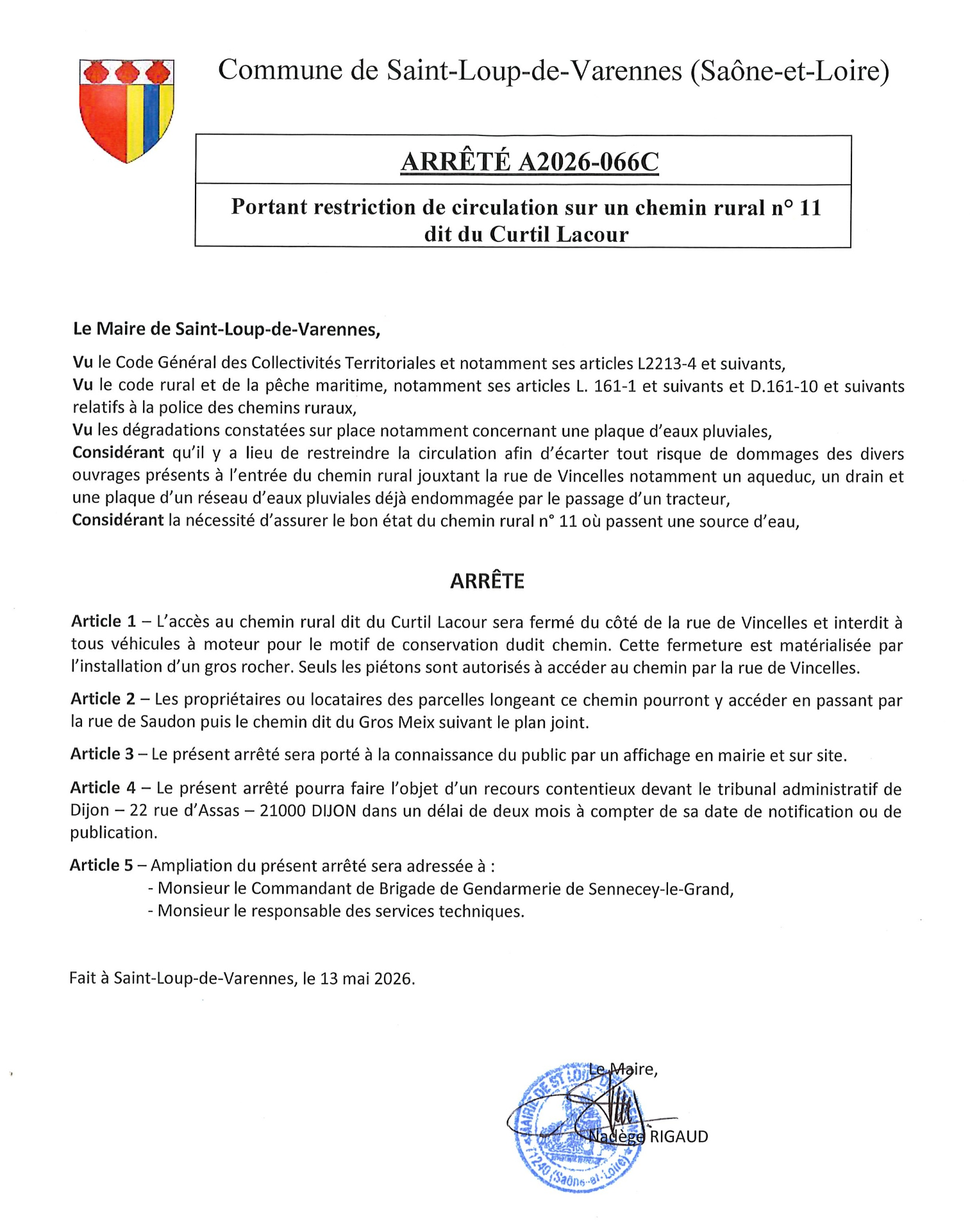 Arrêté portant restriction de circulation