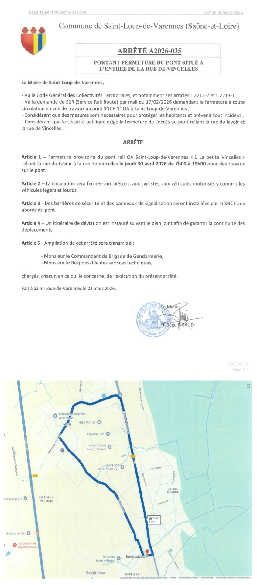 Fermeture Pont de Vincelles 30 avril 2026